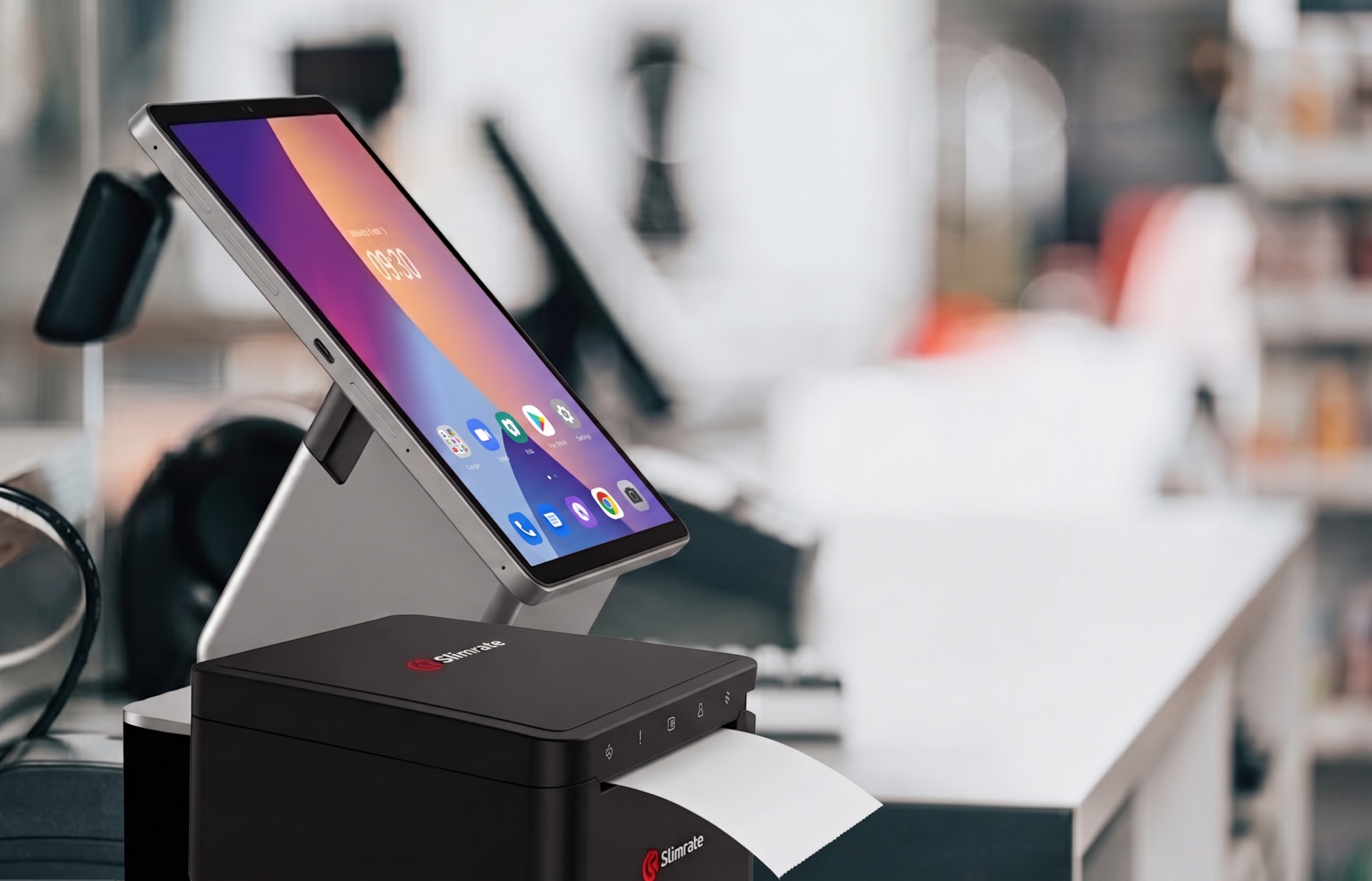 Slimrate payment terminal and receipt printer at a checkout counter
