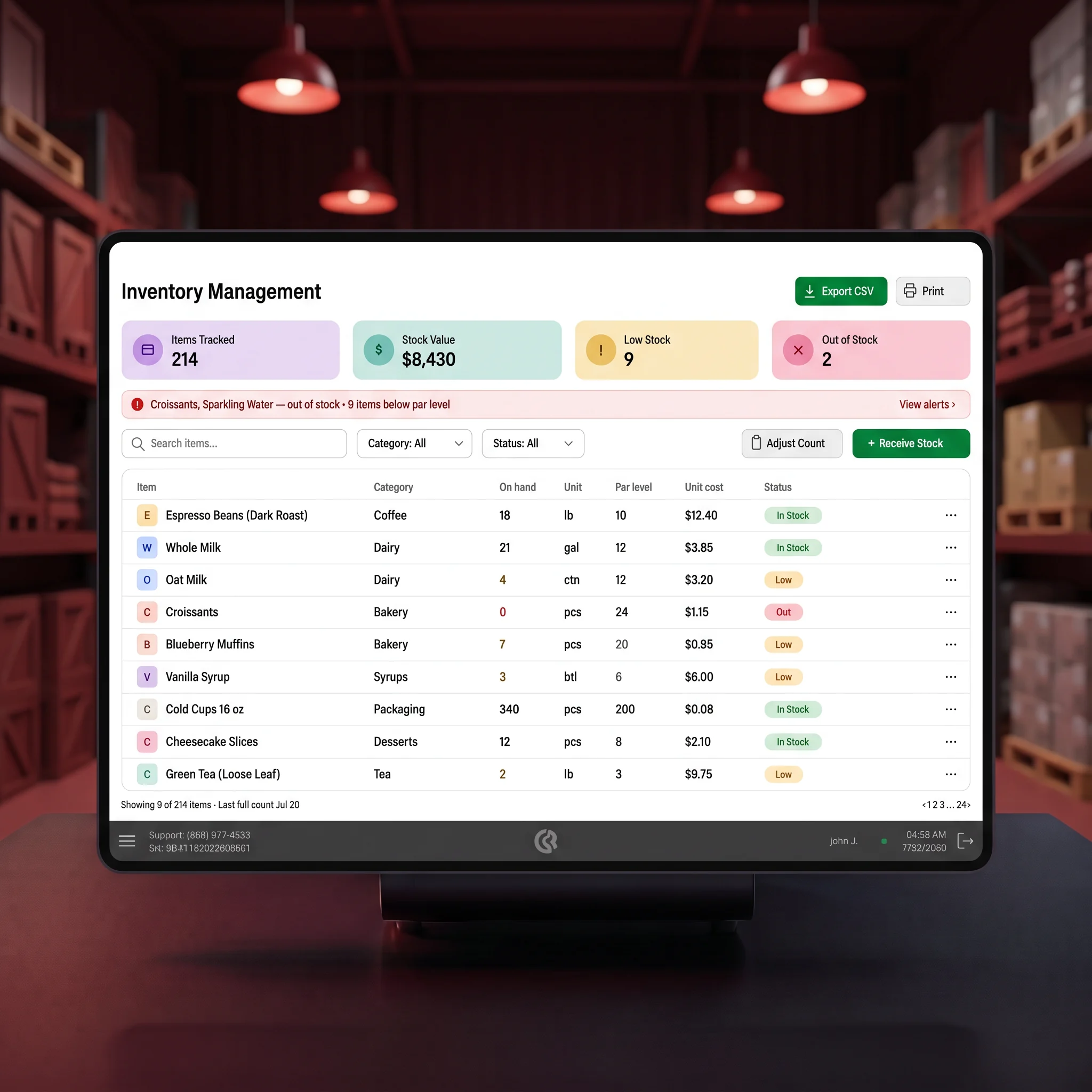 Slimrate inventory dashboard showing stock levels and item status