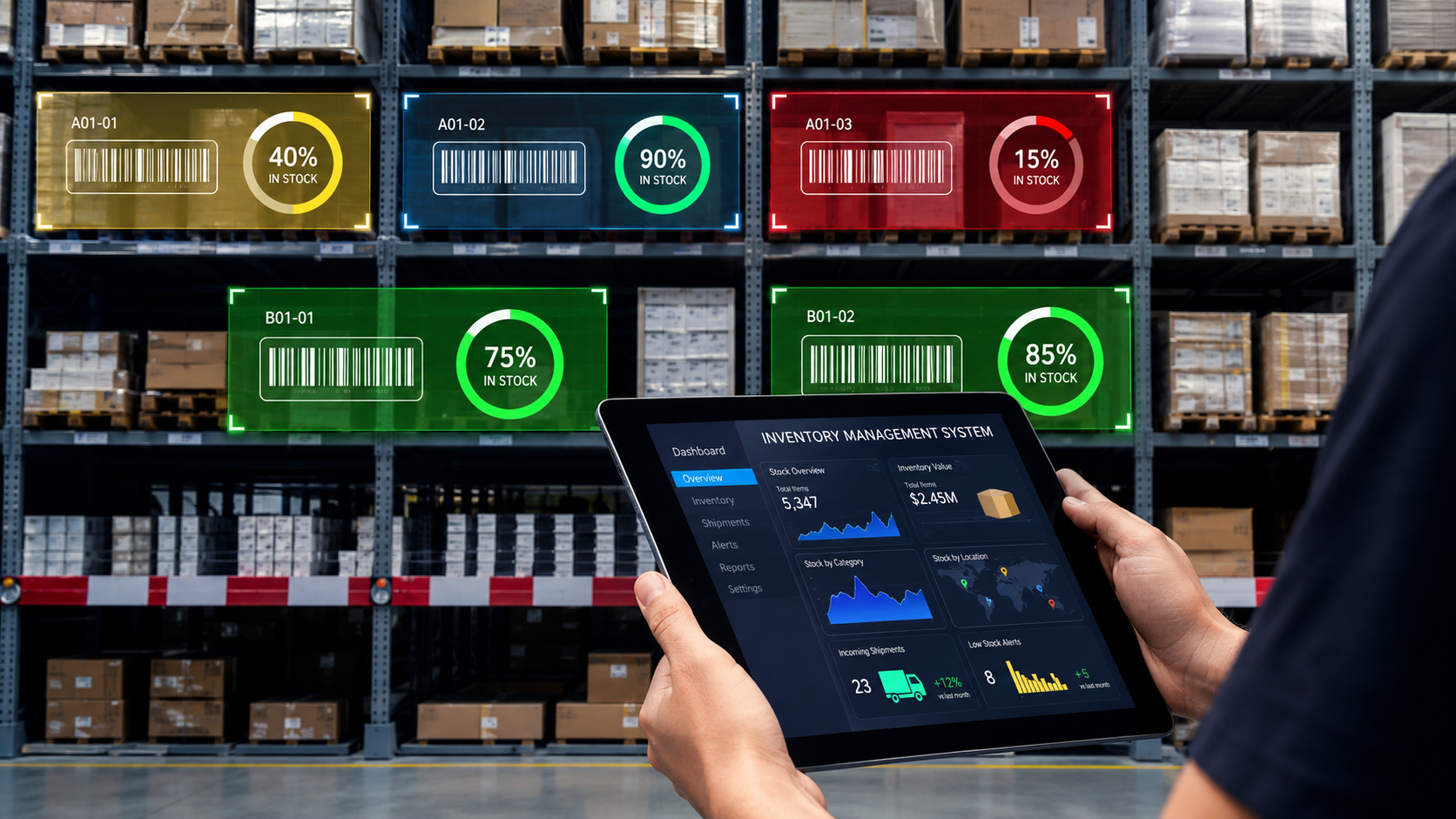 Inventory visibility on a tablet in a stocked retail environment.