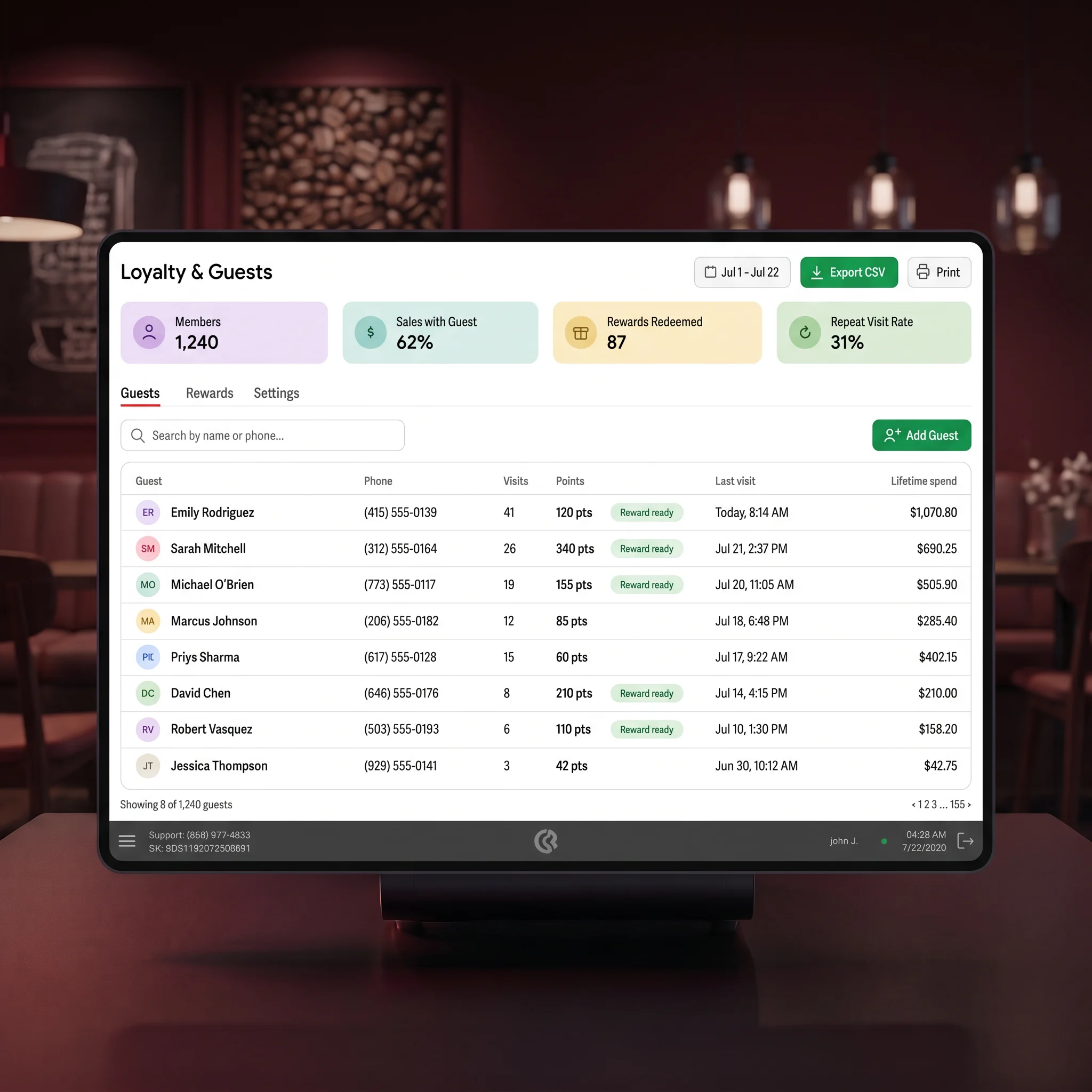 Slimrate loyalty and guest management dashboard showing members, rewards, and repeat visits