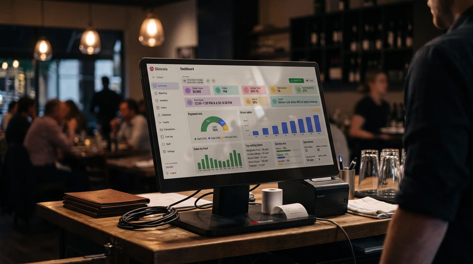 Slimrate POS software dashboard at a business counter