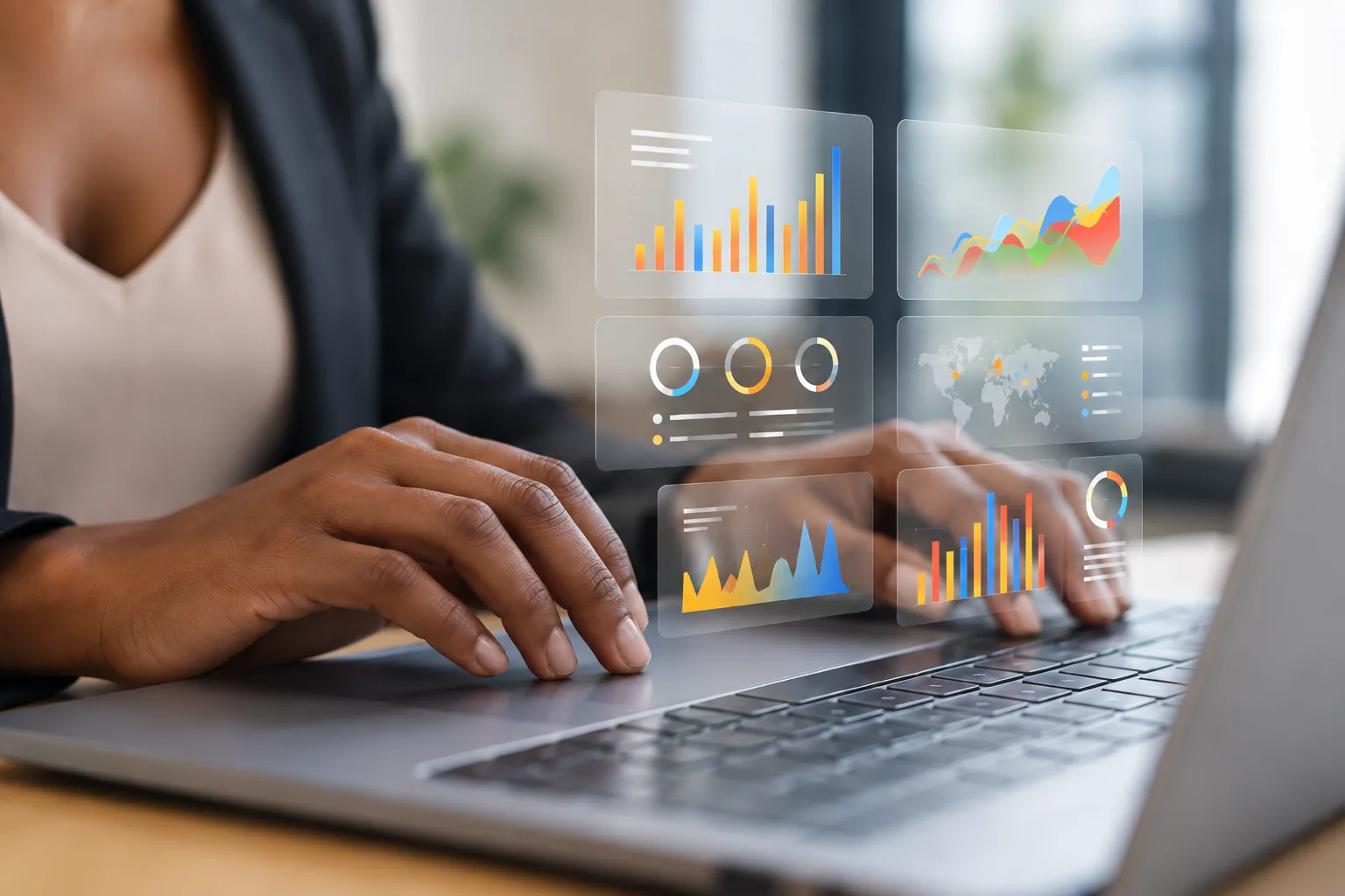 Business analytics charts displayed over a laptop workspace.