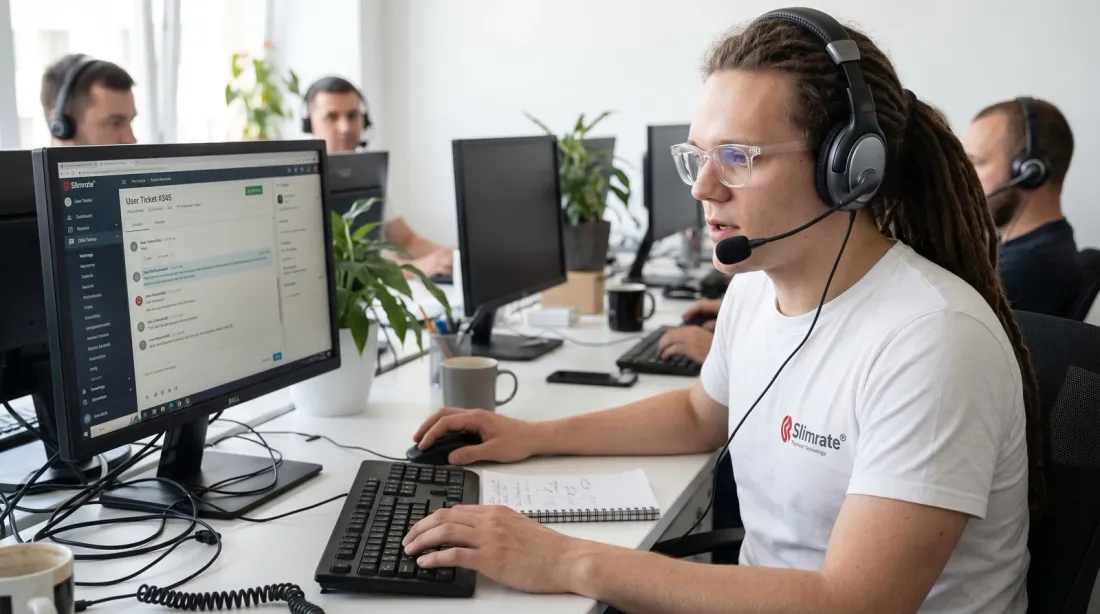 Slimrate support specialist on a headset at a workstation