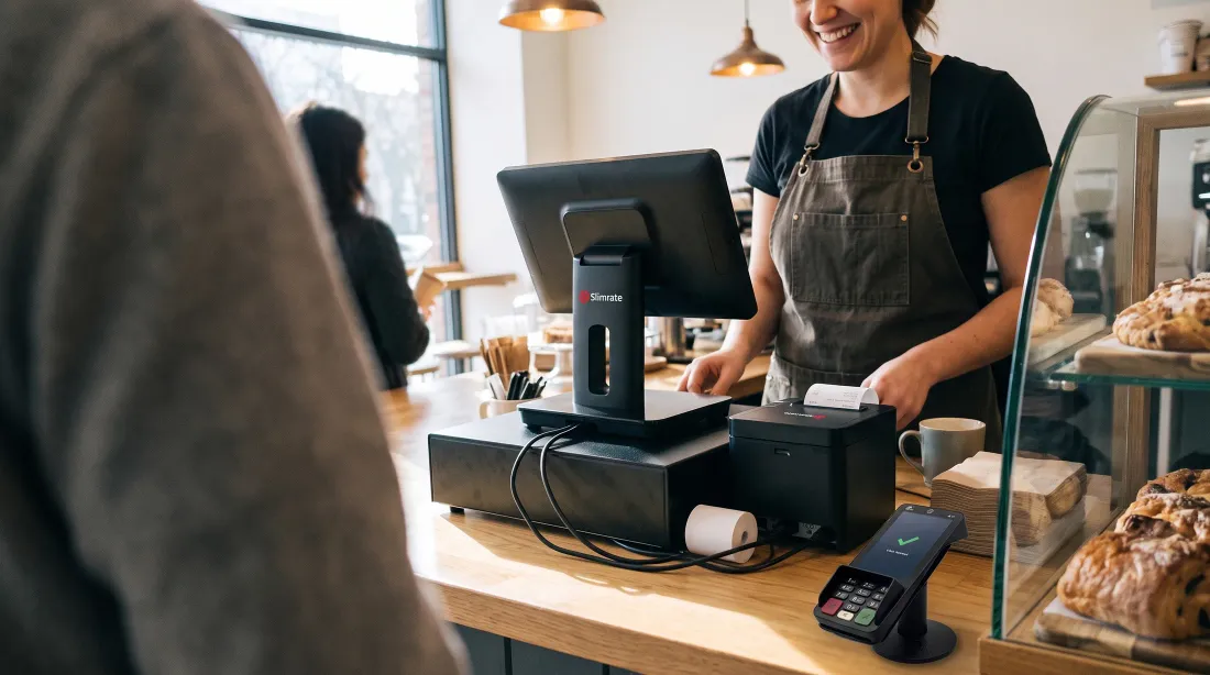Cashier taking a card payment on a live Slimrate checkout