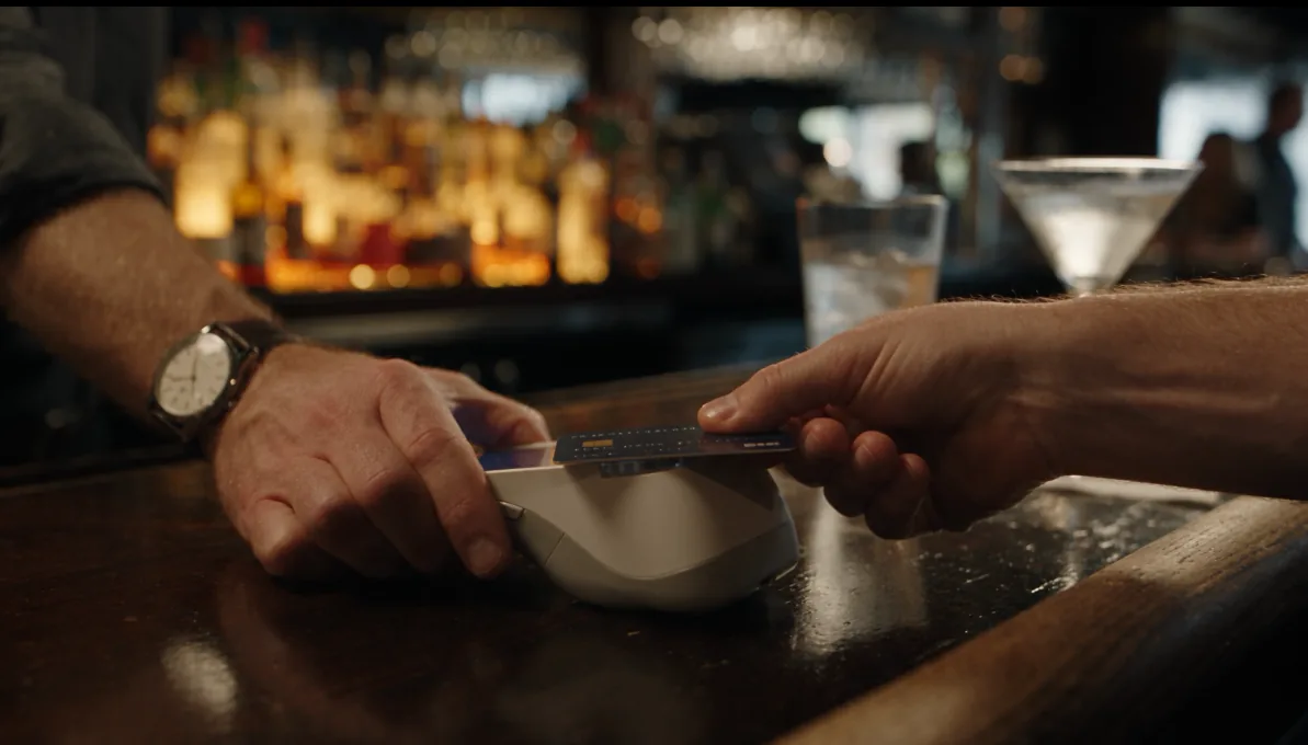 Customer tapping a payment card on a Slimrate terminal at a bar counter
