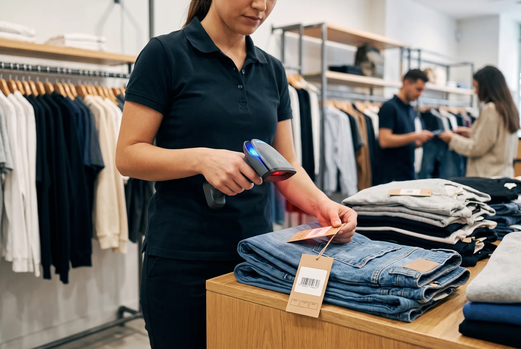 Staff member scanning a product at a Slimrate checkout
