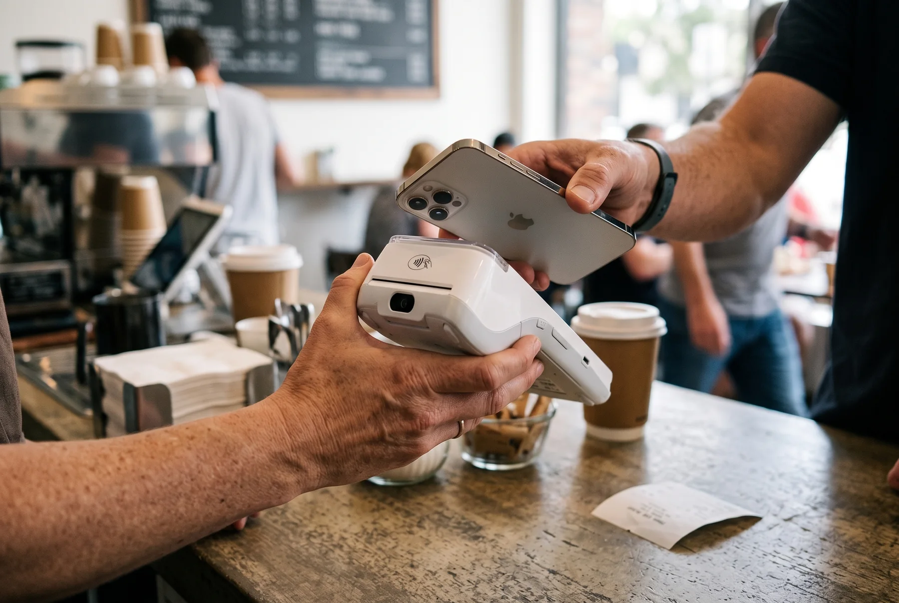 Customer paying with a contactless card on a payment terminal