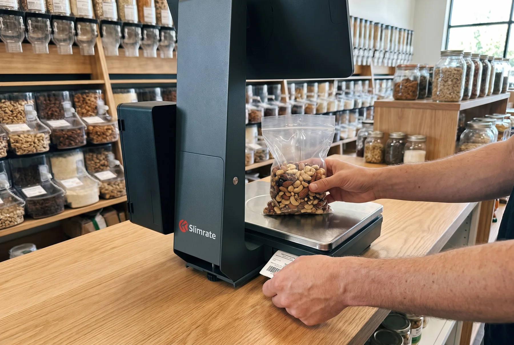 Staff member weighing produce on a label-printing scale connected to the POS