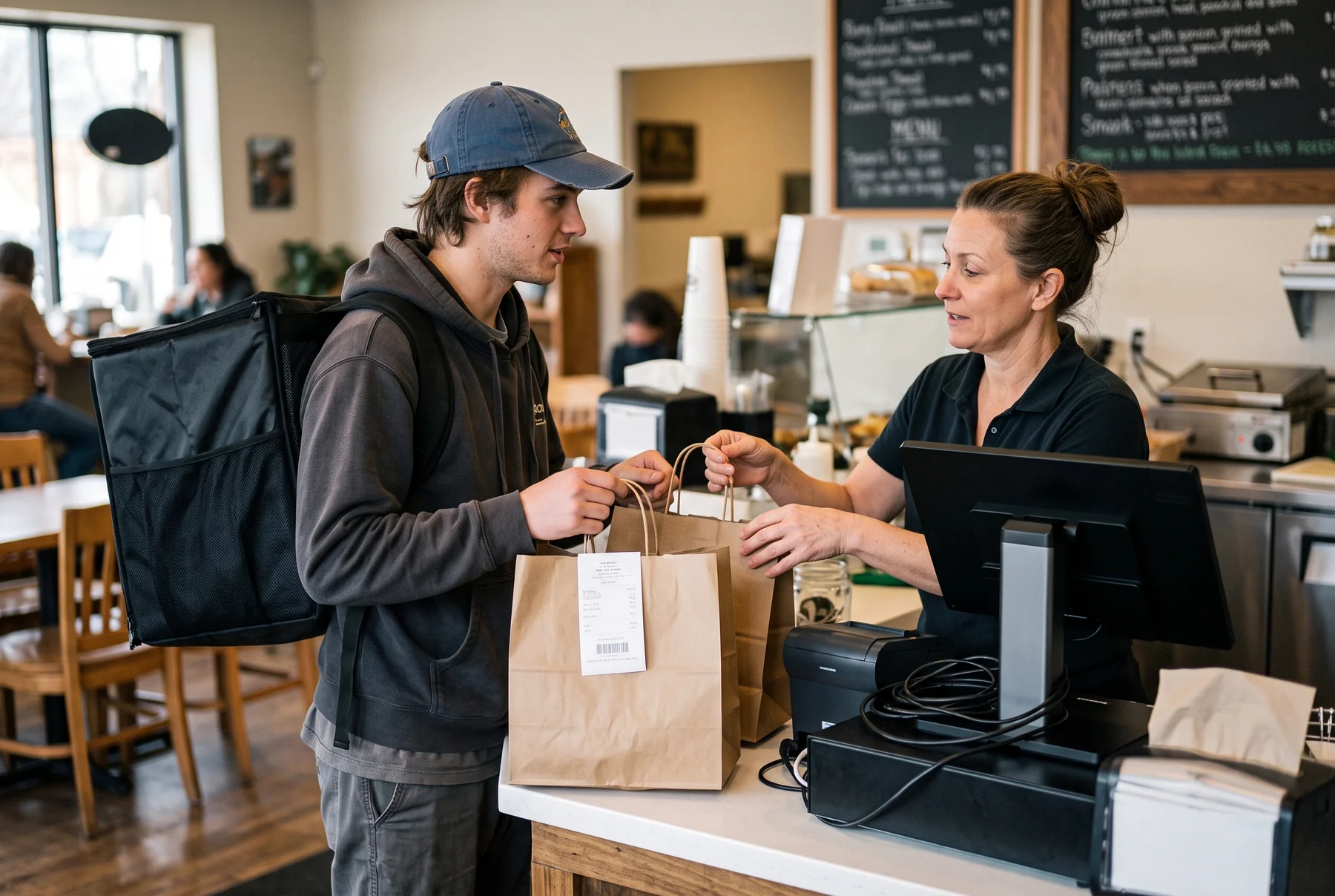 Staff handing a packed online order to a customer at the counter