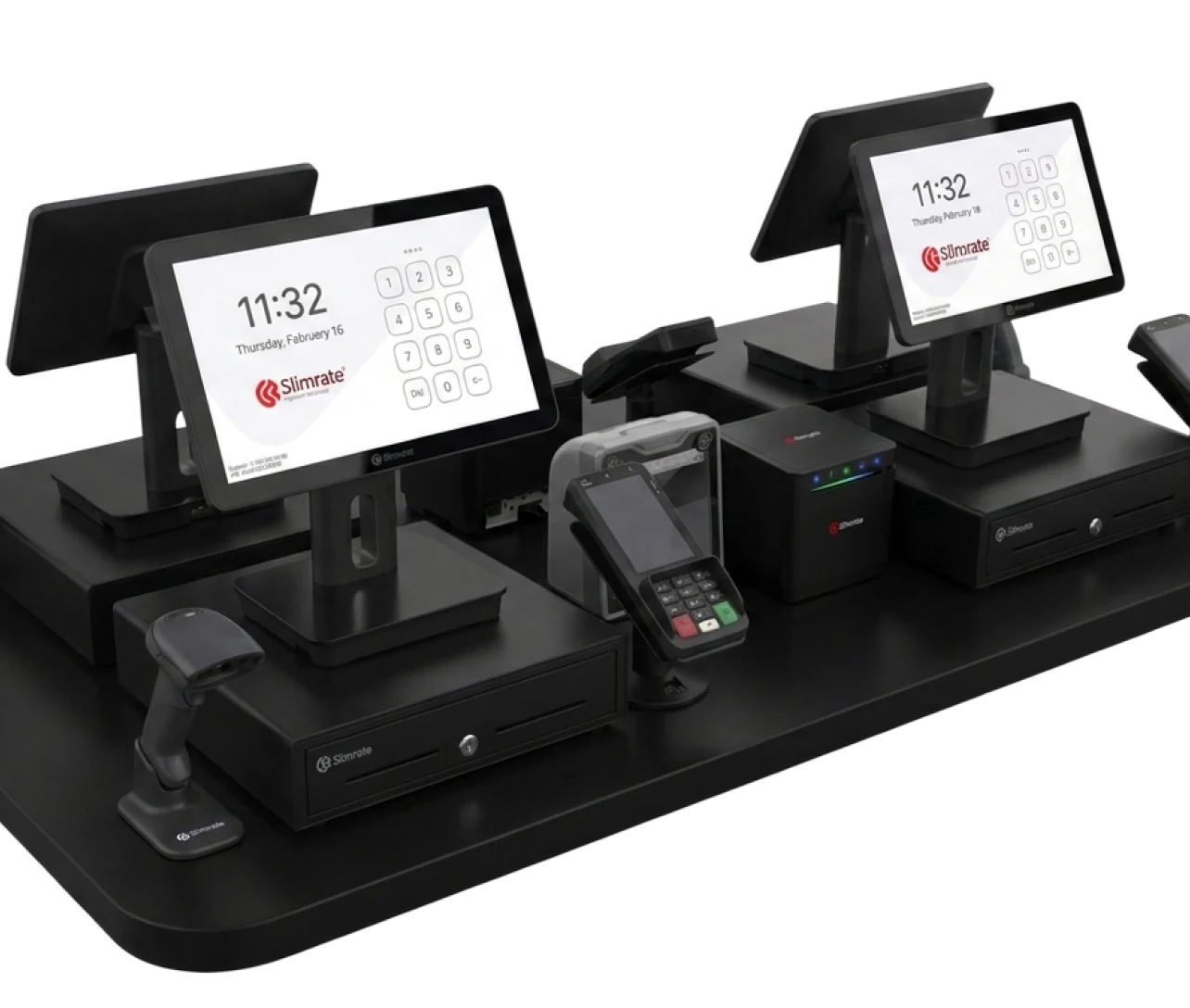 Multi-station Slimrate checkout configuration with displays, payment devices, scanner, and printers