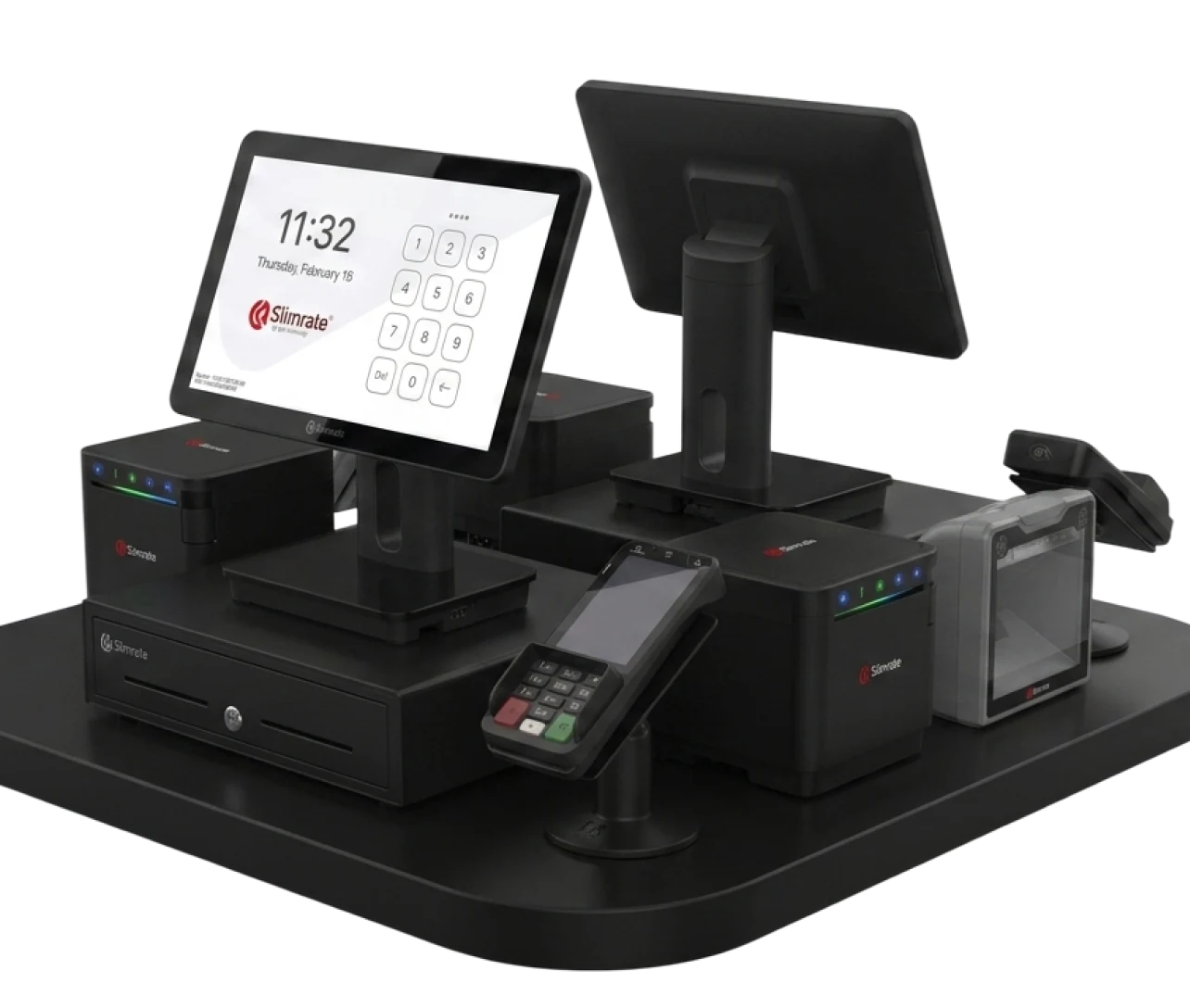 Expanded Slimrate checkout setup with staff and customer displays, payment terminal, and printers