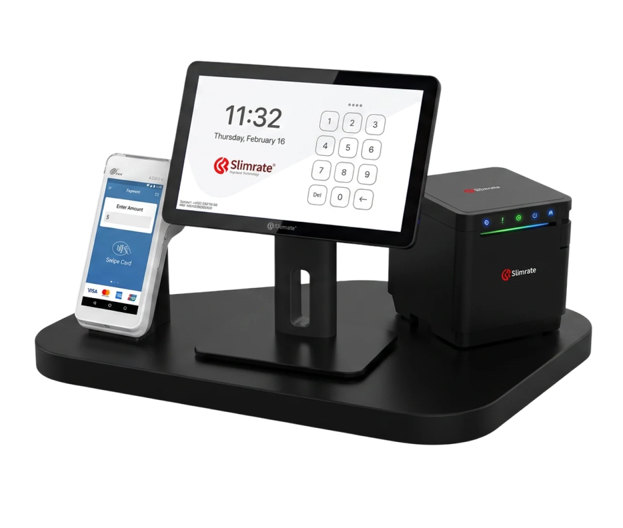 Compact Slimrate checkout setup with a POS display, payment terminal, and receipt printer