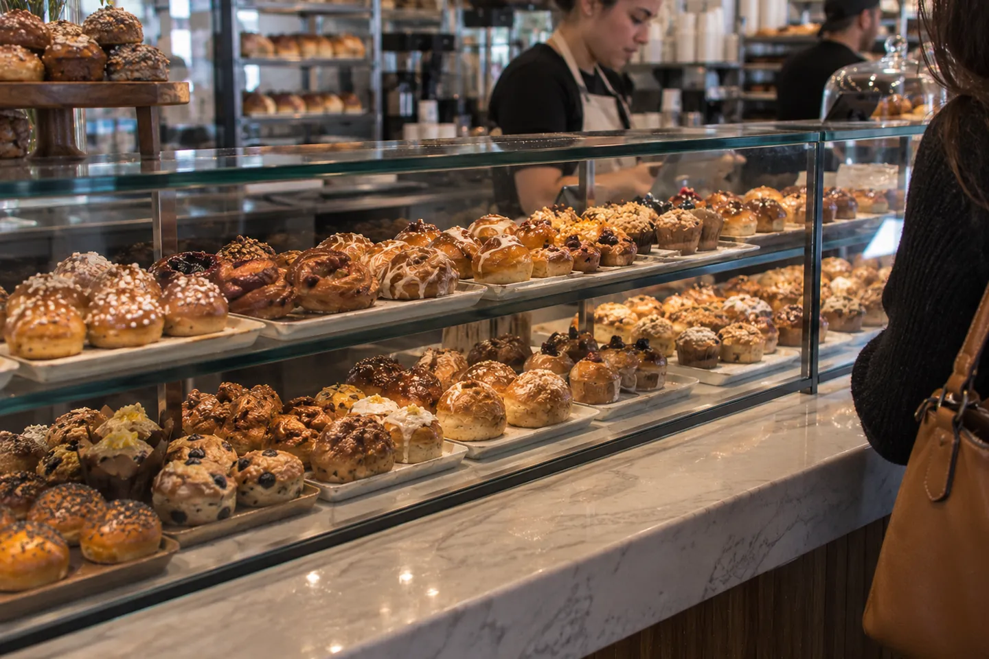 Bakery display case full of pastries with staff behind the counter