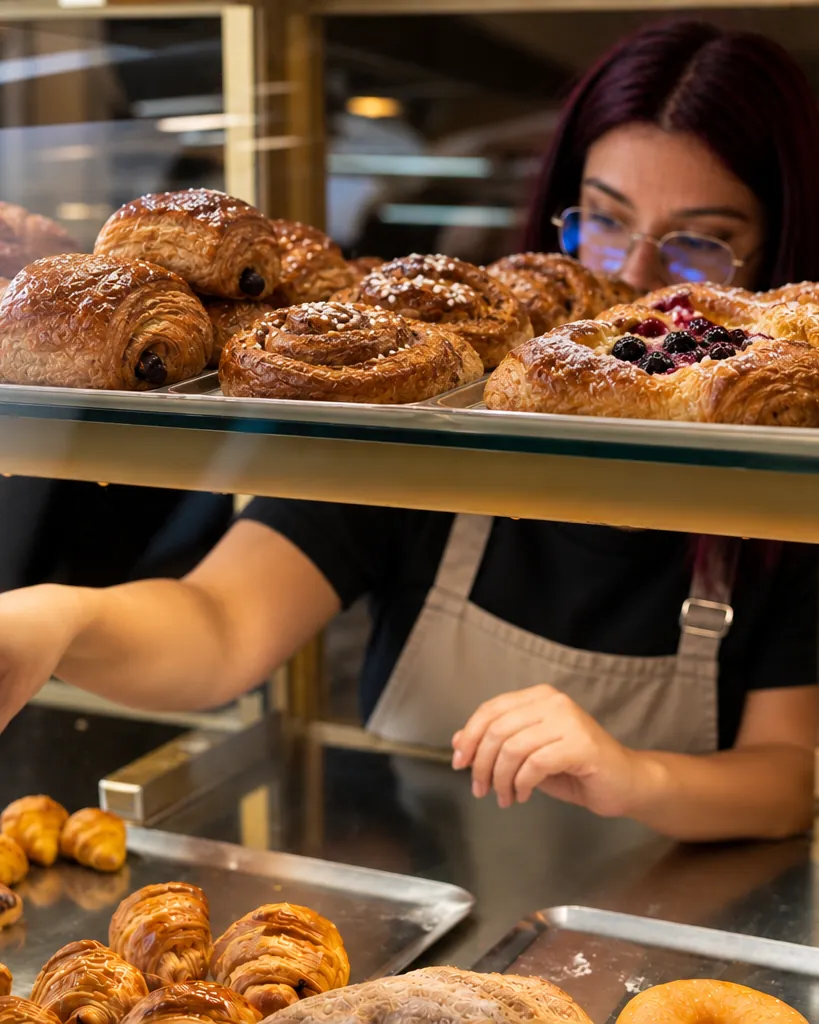 Panadera tomando un croissant de la vitrina con pinzas