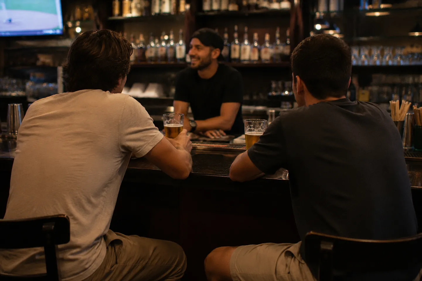 Dos clientes en la barra conversando con el bartender