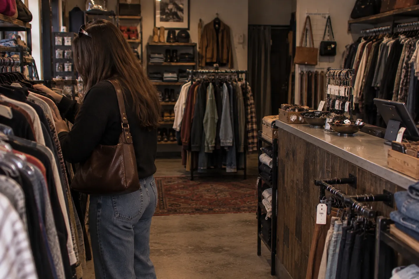 Clothing store counter with the clerk at the register and a customer waiting