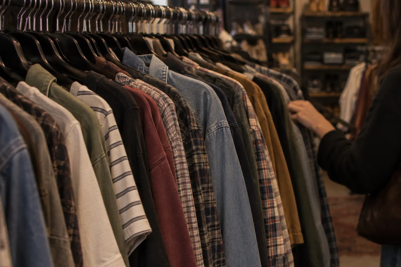 Rack of shirts in different colors with a shopper's hand on a hanger