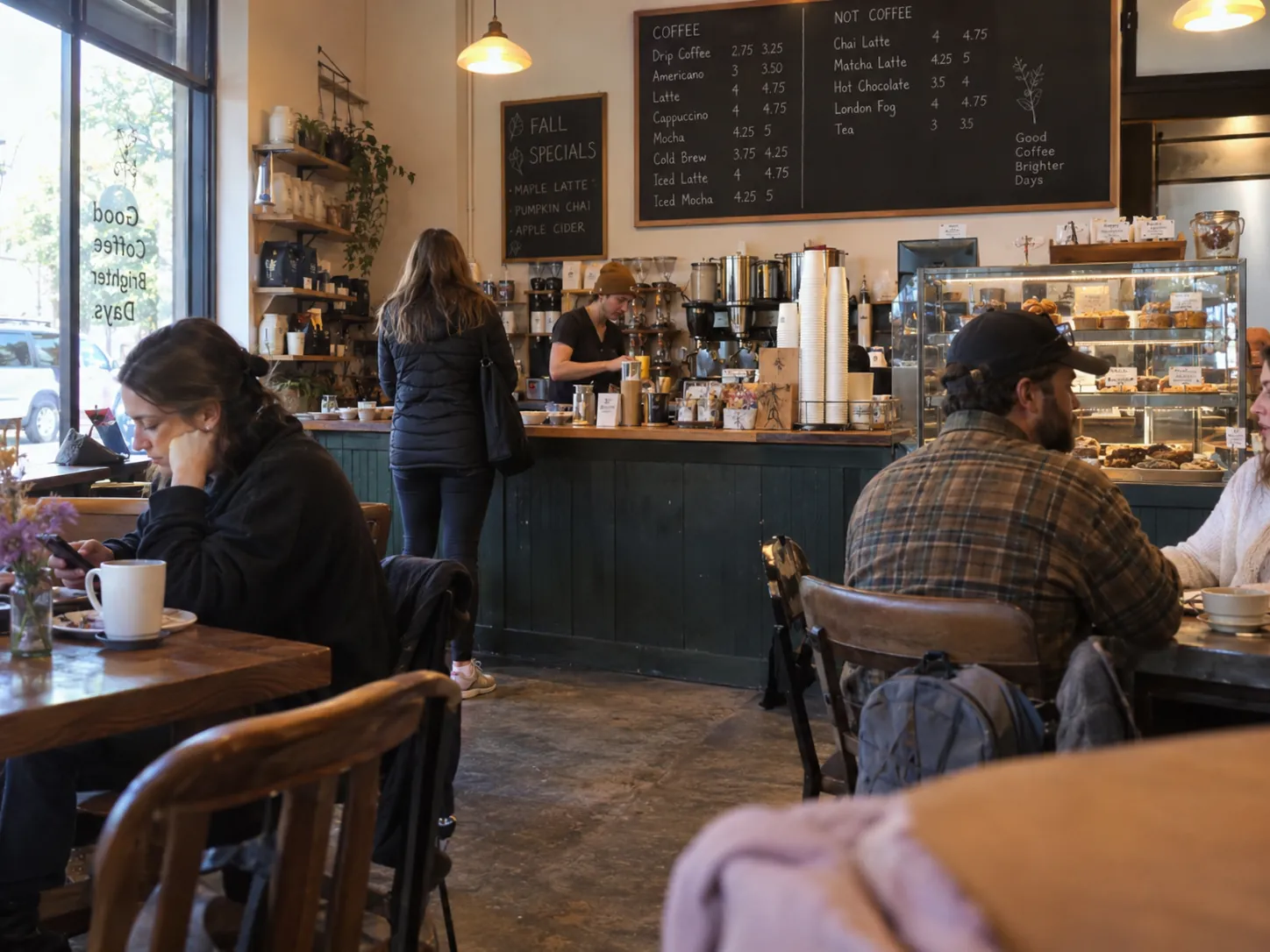 Coffee shop interior with a chalkboard menu, pastry case, and customers at the counter