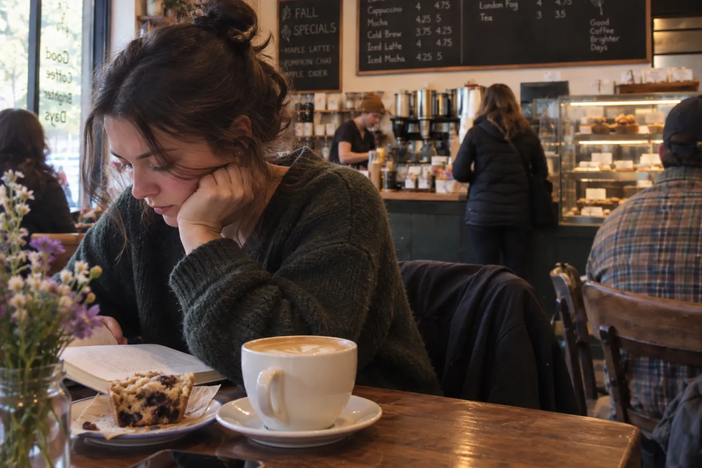 Customer at a café table with a latte and a pastry