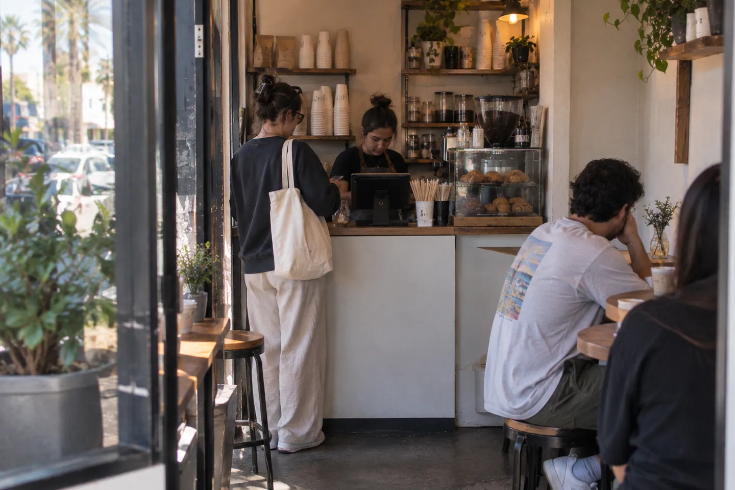 Coffee shop counter with a retail shelf of packaged goods behind it