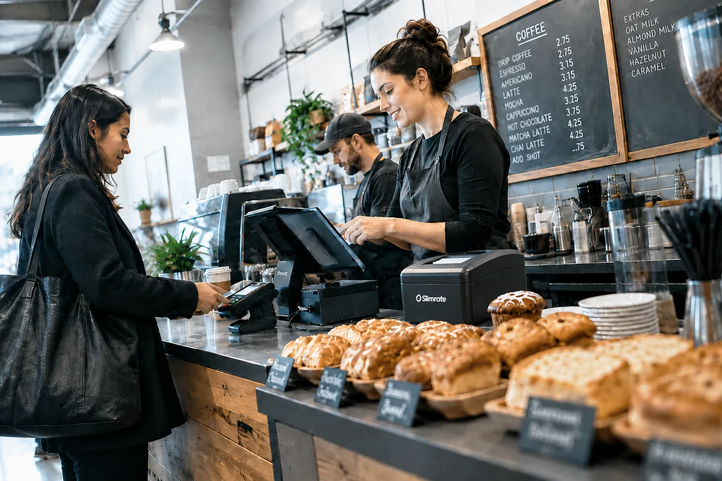 Customer tapping a card on a payment terminal at a coffee shop counter