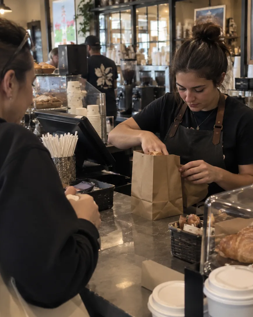 Barista entregando una bolsa de papel y un café a un cliente en el mostrador
