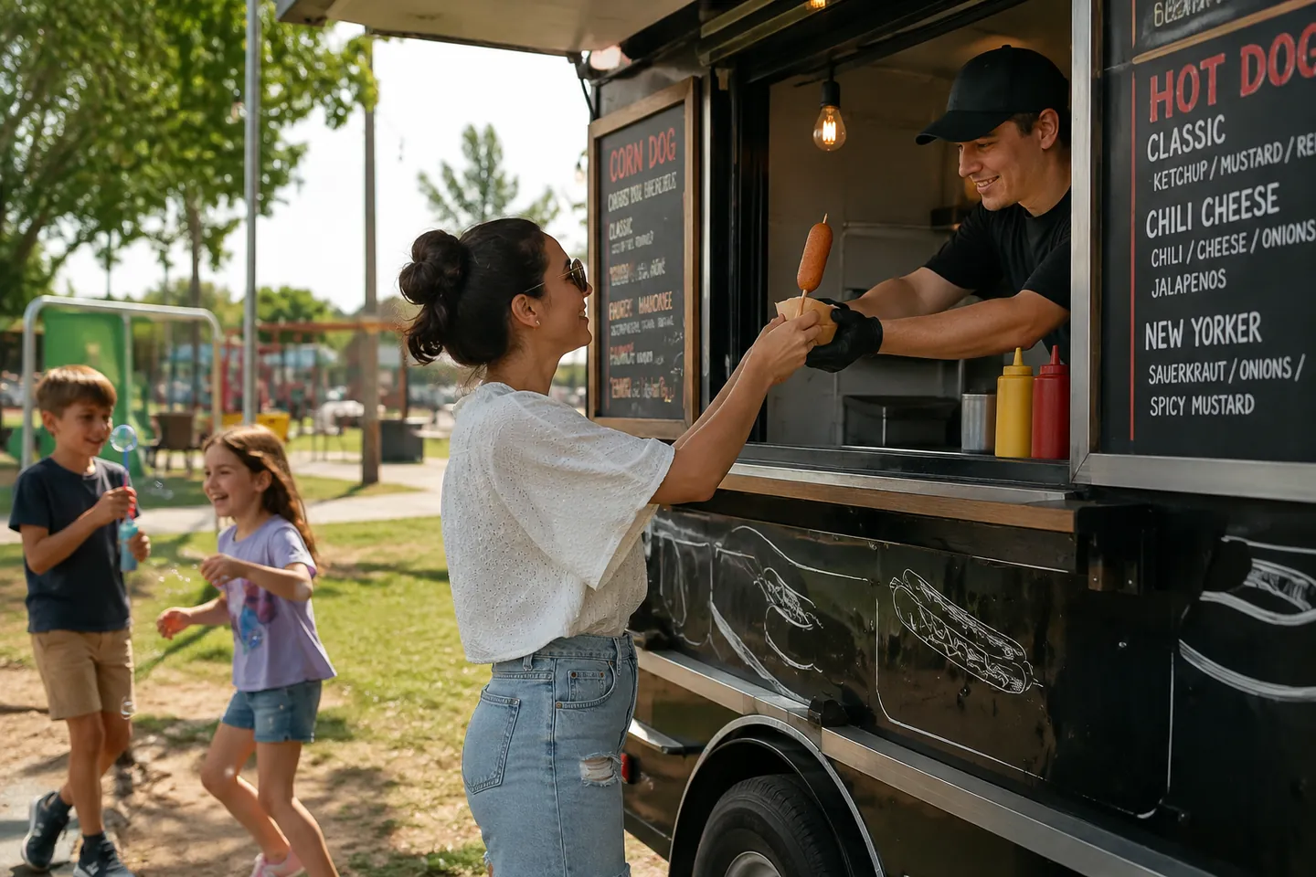 Food truck cook handing a hot dog to a customer at the window