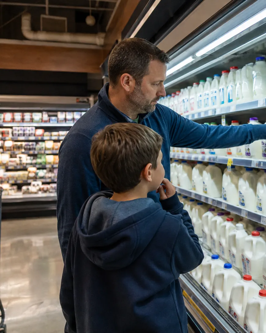 Parent and child choosing milk from a refrigerated dairy case