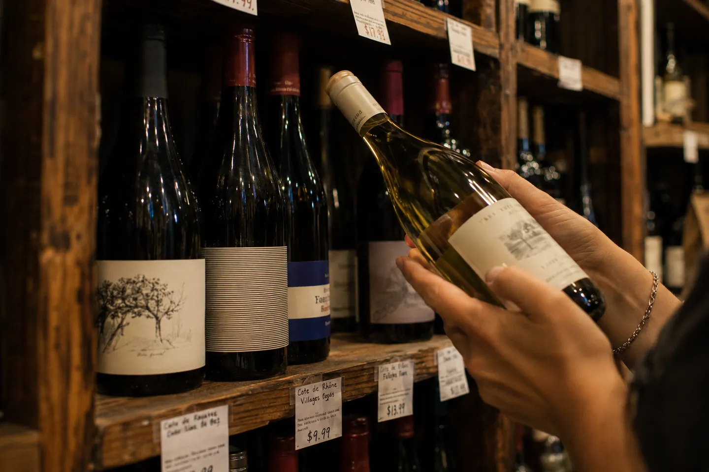 Hand holding a bottle of white wine in front of a shelf with price tags