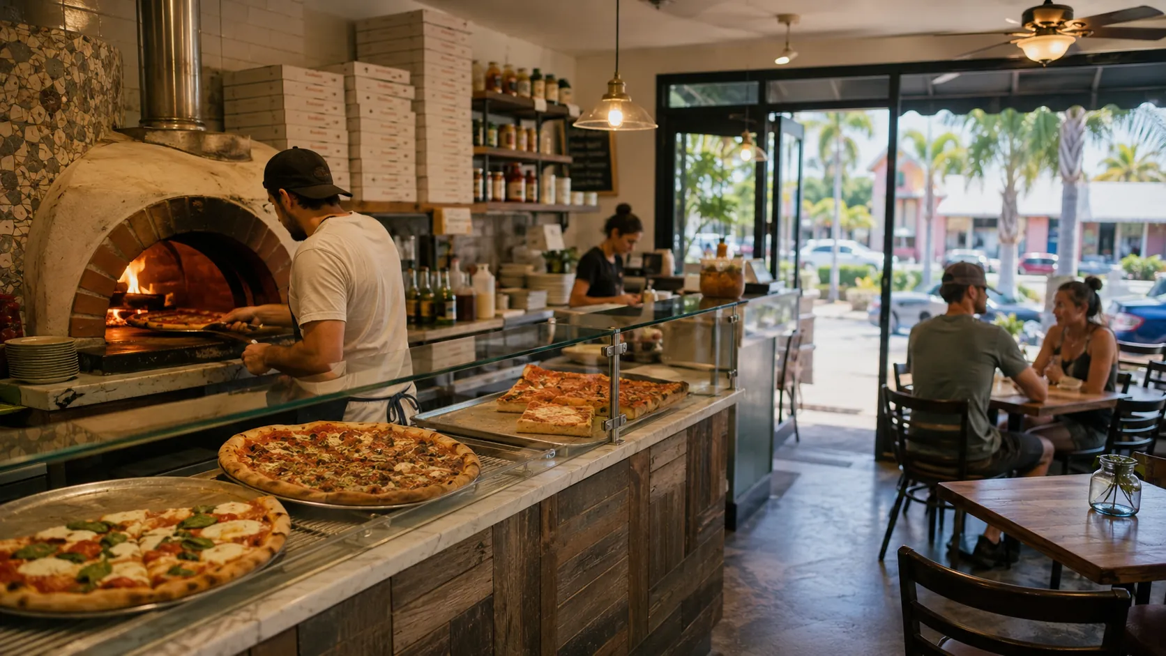 Pizzeria counter with a wood-fired oven, pizzas on the pass, and guests at tables