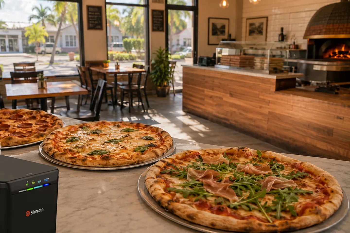 Payment terminal on a marble counter next to whole pizzas