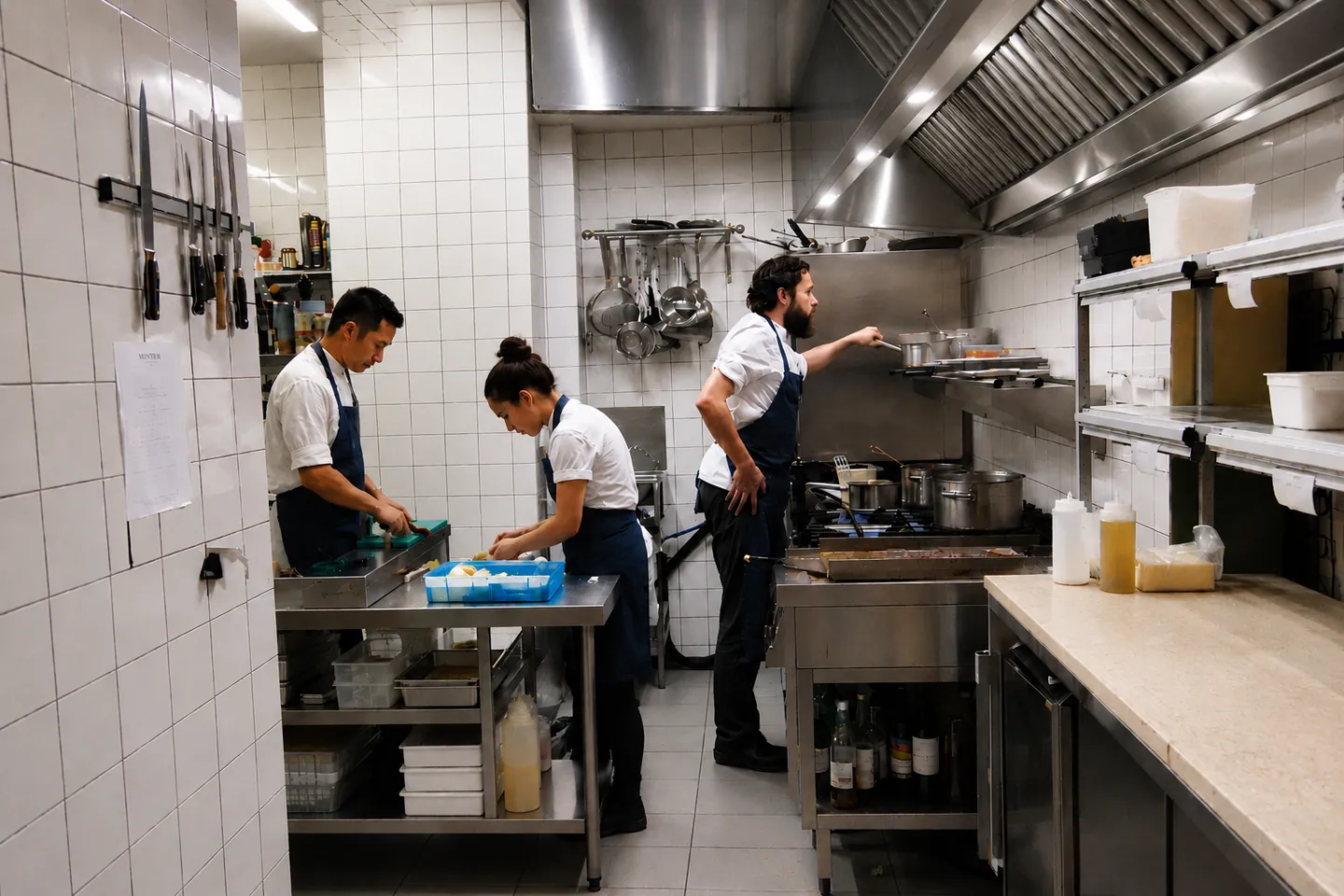 Kitchen crew preparing dishes on a stainless steel line
