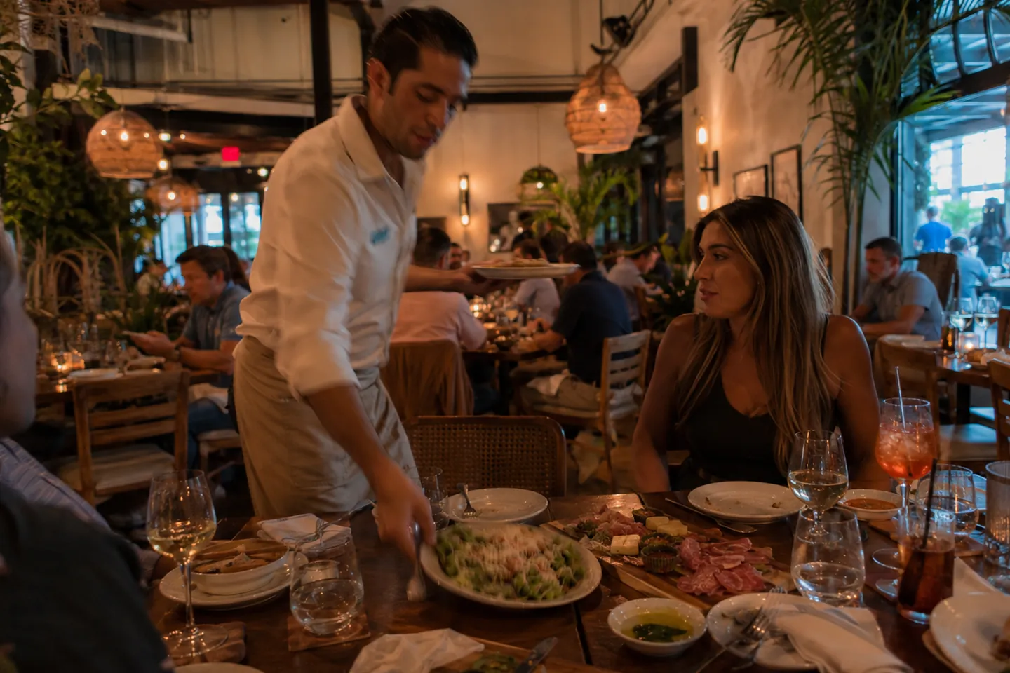 Server attending a table of guests in a busy dining room