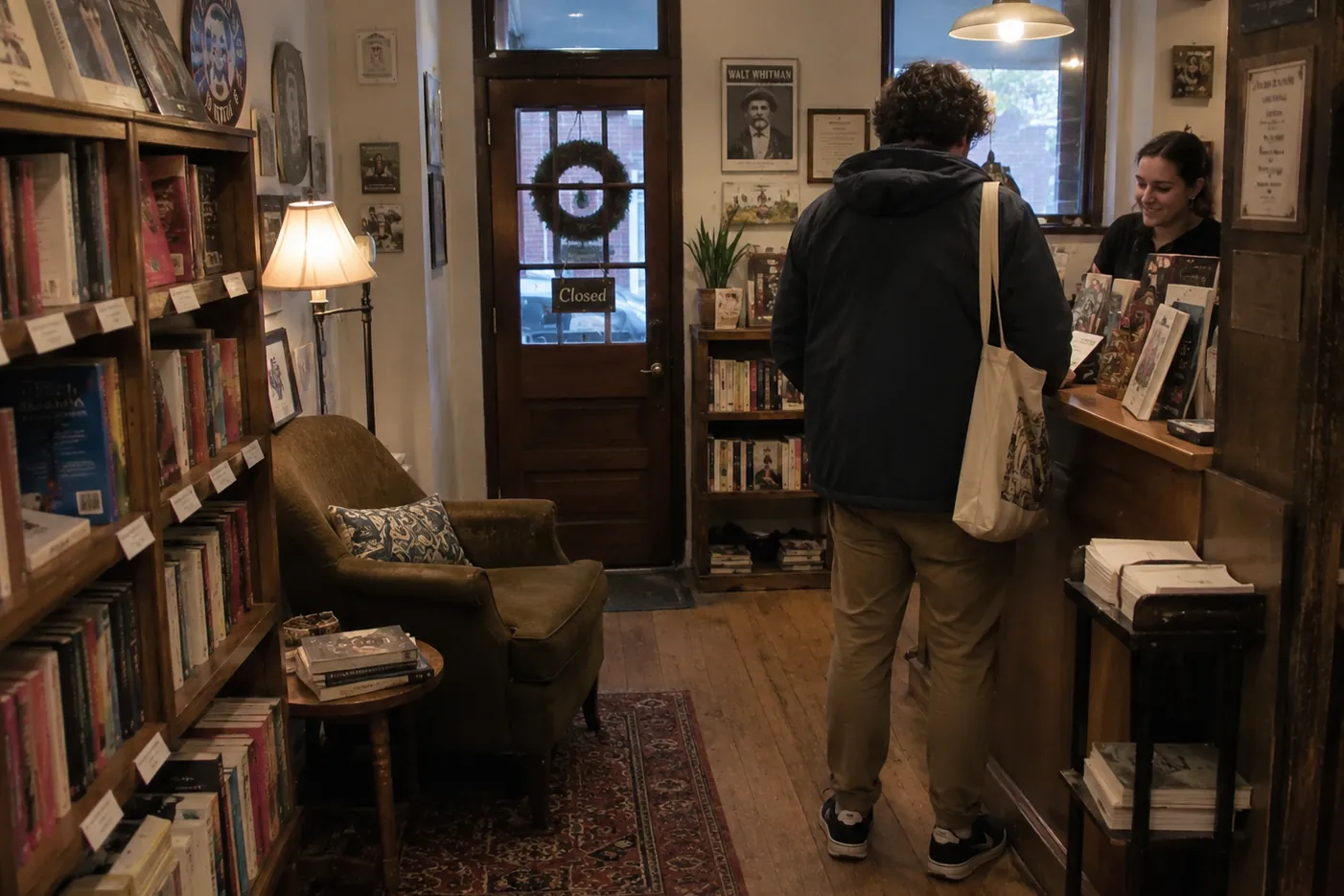 Customer at a bookshop counter with the clerk at the register
