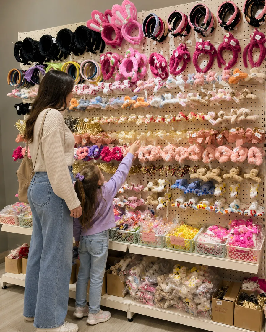 Parent and child choosing hair accessories from a store wall display